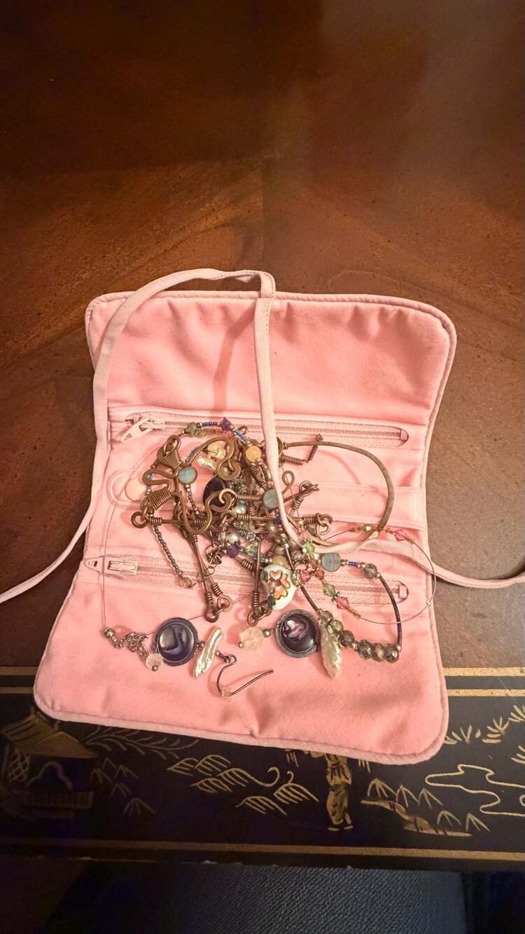 Handmade Artisanal Jewelry Lot With Pink Velvet Travel Roll Organizer, Necklaces
